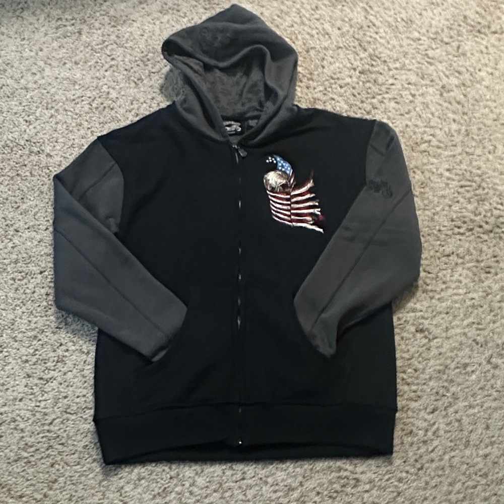 NWOT Black and Gray Hoodie with Flag Design